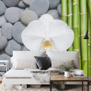 Papier Peint Bambou Avec Pierres Et Orchidées – Image 3