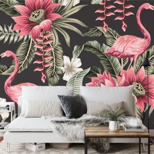 Papier Peint Fleurs Tropicales Et Flamants Roses Vintage – Image 3