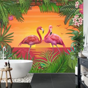 Papier Peint Flamants Roses Derrière Un Mur De Briques – Image 5