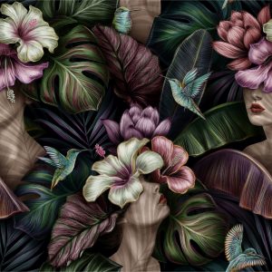 Papier Peint Visages Féminins Abstraits Entre Les Fleurs – Image 1