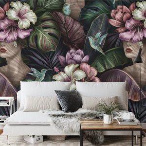 Papier Peint Visages Féminins Abstraits Entre Les Fleurs – Image 3