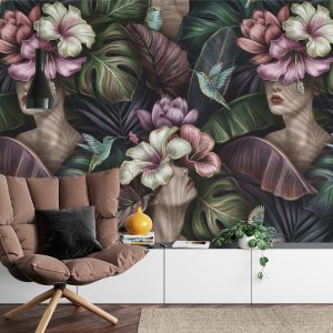 Papier Peint Visages Féminins Abstraits Entre Les Fleurs – Image 4