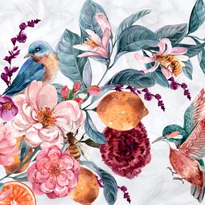 Papier Peint Oiseau Aquarelle Parmi Les Fleurs Colorées – Image 1