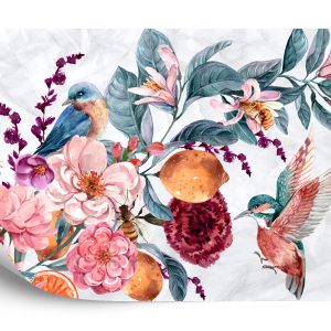 Papier Peint Oiseau Aquarelle Parmi Les Fleurs Colorées – Image 2