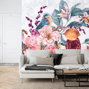 Papier Peint Oiseau Aquarelle Parmi Les Fleurs Colorées – Image 6