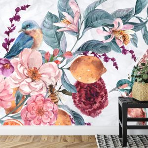 Papier Peint Oiseau Aquarelle Parmi Les Fleurs Colorées – Image 7