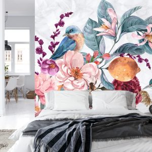 Papier Peint Oiseau Aquarelle Parmi Les Fleurs Colorées – Image 8