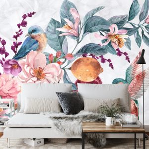 Papier Peint Oiseau Aquarelle Parmi Les Fleurs Colorées – Image 3