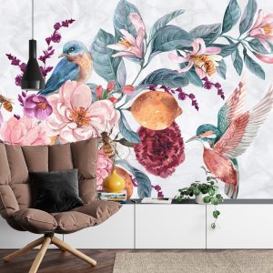 Papier Peint Oiseau Aquarelle Parmi Les Fleurs Colorées – Image 4