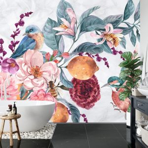 Papier Peint Oiseau Aquarelle Parmi Les Fleurs Colorées – Image 5