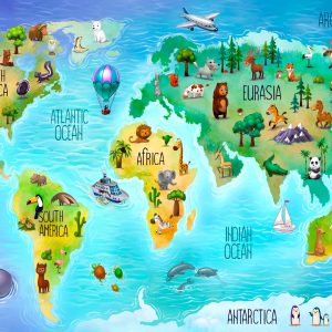 Papier Peint Carte Du Monde Avec La Faune – Image 1