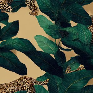 Papier Peint Seamless Tropical Pattern With Exotic Trees, Leopards, And Palm Leaves. Abstract Jungle Pattern With Leopards, Digital – Image 1