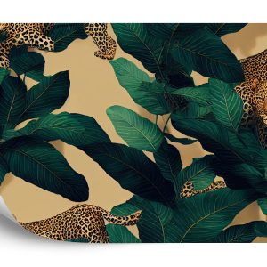 Papier Peint Seamless Tropical Pattern With Exotic Trees, Leopards, And Palm Leaves. Abstract Jungle Pattern With Leopards, Digital – Image 2