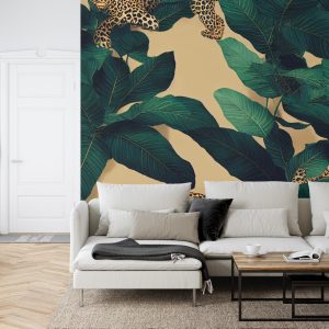 Papier Peint Seamless Tropical Pattern With Exotic Trees, Leopards, And Palm Leaves. Abstract Jungle Pattern With Leopards, Digital – Image 6