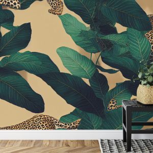 Papier Peint Seamless Tropical Pattern With Exotic Trees, Leopards, And Palm Leaves. Abstract Jungle Pattern With Leopards, Digital – Image 7