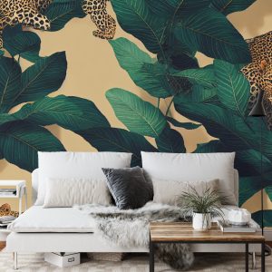 Papier Peint Seamless Tropical Pattern With Exotic Trees, Leopards, And Palm Leaves. Abstract Jungle Pattern With Leopards, Digital – Image 3