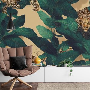 Papier Peint Seamless Tropical Pattern With Exotic Trees, Leopards, And Palm Leaves. Abstract Jungle Pattern With Leopards, Digital – Image 4