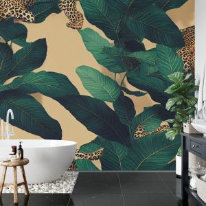 Papier Peint Seamless Tropical Pattern With Exotic Trees, Leopards, And Palm Leaves. Abstract Jungle Pattern With Leopards, Digital – Image 5