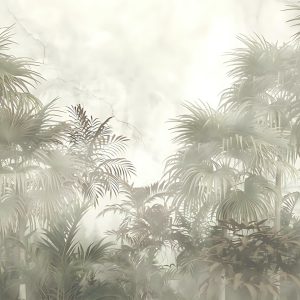Papier Peint Arbres Tropicaux Et Feuilles Dans La Conception De Papier Peint De Forêt Brumeuse - 3D – Image 1