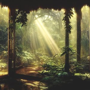 Papier Peint A Large Arch-Shaped Window, A Portal In The Dark Mystical Forest, The Sun's Rays Pass Through The Window And Trees, Shadows. Fantasy Beautiful Forest Fantasy Landscape. 3D . – Image 1