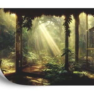 Papier Peint A Large Arch-Shaped Window, A Portal In The Dark Mystical Forest, The Sun's Rays Pass Through The Window And Trees, Shadows. Fantasy Beautiful Forest Fantasy Landscape. 3D . – Image 2