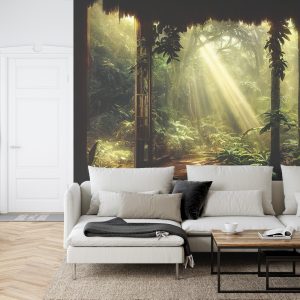 Papier Peint A Large Arch-Shaped Window, A Portal In The Dark Mystical Forest, The Sun's Rays Pass Through The Window And Trees, Shadows. Fantasy Beautiful Forest Fantasy Landscape. 3D . – Image 6