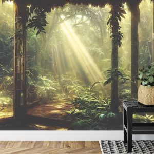 Papier Peint A Large Arch-Shaped Window, A Portal In The Dark Mystical Forest, The Sun's Rays Pass Through The Window And Trees, Shadows. Fantasy Beautiful Forest Fantasy Landscape. 3D . – Image 7