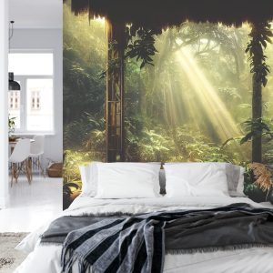 Papier Peint A Large Arch-Shaped Window, A Portal In The Dark Mystical Forest, The Sun's Rays Pass Through The Window And Trees, Shadows. Fantasy Beautiful Forest Fantasy Landscape. 3D . – Image 8