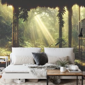 Papier Peint A Large Arch-Shaped Window, A Portal In The Dark Mystical Forest, The Sun's Rays Pass Through The Window And Trees, Shadows. Fantasy Beautiful Forest Fantasy Landscape. 3D . – Image 3