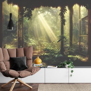 Papier Peint A Large Arch-Shaped Window, A Portal In The Dark Mystical Forest, The Sun's Rays Pass Through The Window And Trees, Shadows. Fantasy Beautiful Forest Fantasy Landscape. 3D . – Image 4