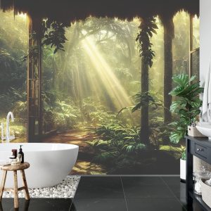 Papier Peint A Large Arch-Shaped Window, A Portal In The Dark Mystical Forest, The Sun's Rays Pass Through The Window And Trees, Shadows. Fantasy Beautiful Forest Fantasy Landscape. 3D . – Image 5