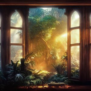 Papier Peint A Large Arch-Shaped Window, A Portal In The Dark Mystical Forest, The Sun's Rays Pass Through The Window And Trees, Shadows. Fantasy Beautiful Forest Fantasy Landscape. 3D . – Image 1