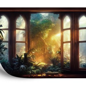Papier Peint A Large Arch-Shaped Window, A Portal In The Dark Mystical Forest, The Sun's Rays Pass Through The Window And Trees, Shadows. Fantasy Beautiful Forest Fantasy Landscape. 3D . – Image 2
