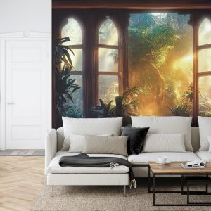 Papier Peint A Large Arch-Shaped Window, A Portal In The Dark Mystical Forest, The Sun's Rays Pass Through The Window And Trees, Shadows. Fantasy Beautiful Forest Fantasy Landscape. 3D . – Image 6