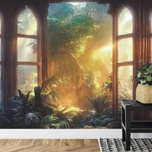 Papier Peint A Large Arch-Shaped Window, A Portal In The Dark Mystical Forest, The Sun's Rays Pass Through The Window And Trees, Shadows. Fantasy Beautiful Forest Fantasy Landscape. 3D . – Image 7
