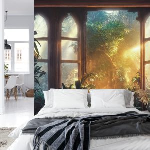 Papier Peint A Large Arch-Shaped Window, A Portal In The Dark Mystical Forest, The Sun's Rays Pass Through The Window And Trees, Shadows. Fantasy Beautiful Forest Fantasy Landscape. 3D . – Image 8