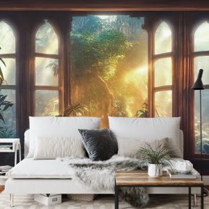Papier Peint A Large Arch-Shaped Window, A Portal In The Dark Mystical Forest, The Sun's Rays Pass Through The Window And Trees, Shadows. Fantasy Beautiful Forest Fantasy Landscape. 3D . – Image 3