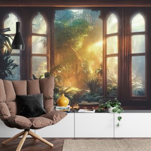 Papier Peint A Large Arch-Shaped Window, A Portal In The Dark Mystical Forest, The Sun's Rays Pass Through The Window And Trees, Shadows. Fantasy Beautiful Forest Fantasy Landscape. 3D . – Image 4