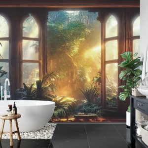 Papier Peint A Large Arch-Shaped Window, A Portal In The Dark Mystical Forest, The Sun's Rays Pass Through The Window And Trees, Shadows. Fantasy Beautiful Forest Fantasy Landscape. 3D . – Image 5