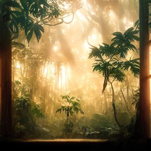 Papier Peint A Large Arch-Shaped Window, A Portal In The Dark Mystical Forest, The Sun's Rays Pass Through The Window And Trees, Shadows. Fantasy Beautiful Forest Fantasy Landscape. 3D . – Image 1