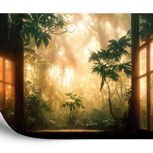 Papier Peint A Large Arch-Shaped Window, A Portal In The Dark Mystical Forest, The Sun's Rays Pass Through The Window And Trees, Shadows. Fantasy Beautiful Forest Fantasy Landscape. 3D . – Image 2