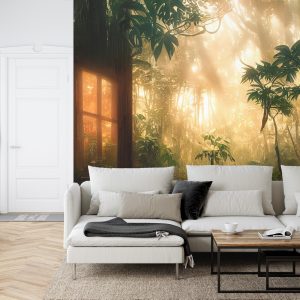 Papier Peint A Large Arch-Shaped Window, A Portal In The Dark Mystical Forest, The Sun's Rays Pass Through The Window And Trees, Shadows. Fantasy Beautiful Forest Fantasy Landscape. 3D . – Image 6