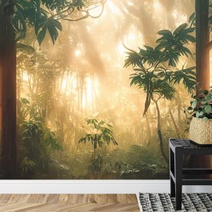 Papier Peint A Large Arch-Shaped Window, A Portal In The Dark Mystical Forest, The Sun's Rays Pass Through The Window And Trees, Shadows. Fantasy Beautiful Forest Fantasy Landscape. 3D . – Image 7