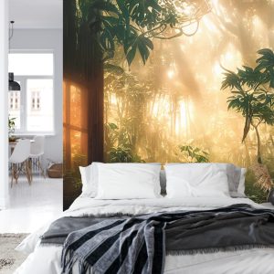 Papier Peint A Large Arch-Shaped Window, A Portal In The Dark Mystical Forest, The Sun's Rays Pass Through The Window And Trees, Shadows. Fantasy Beautiful Forest Fantasy Landscape. 3D . – Image 8