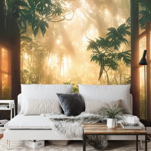 Papier Peint A Large Arch-Shaped Window, A Portal In The Dark Mystical Forest, The Sun's Rays Pass Through The Window And Trees, Shadows. Fantasy Beautiful Forest Fantasy Landscape. 3D . – Image 3