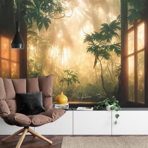 Papier Peint A Large Arch-Shaped Window, A Portal In The Dark Mystical Forest, The Sun's Rays Pass Through The Window And Trees, Shadows. Fantasy Beautiful Forest Fantasy Landscape. 3D . – Image 4