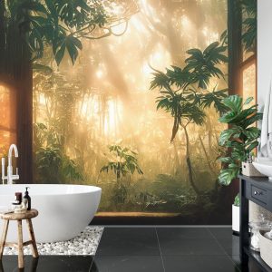 Papier Peint A Large Arch-Shaped Window, A Portal In The Dark Mystical Forest, The Sun's Rays Pass Through The Window And Trees, Shadows. Fantasy Beautiful Forest Fantasy Landscape. 3D . – Image 5