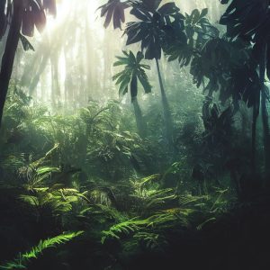 Papier Peint Dark Rainforest, Sun Rays Through The Trees, Rich Jungle Greenery. Atmospheric Fantasy Forest. 3D . – Image 1