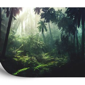 Papier Peint Dark Rainforest, Sun Rays Through The Trees, Rich Jungle Greenery. Atmospheric Fantasy Forest. 3D . – Image 2
