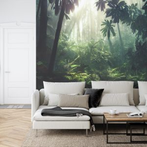 Papier Peint Dark Rainforest, Sun Rays Through The Trees, Rich Jungle Greenery. Atmospheric Fantasy Forest. 3D . – Image 6